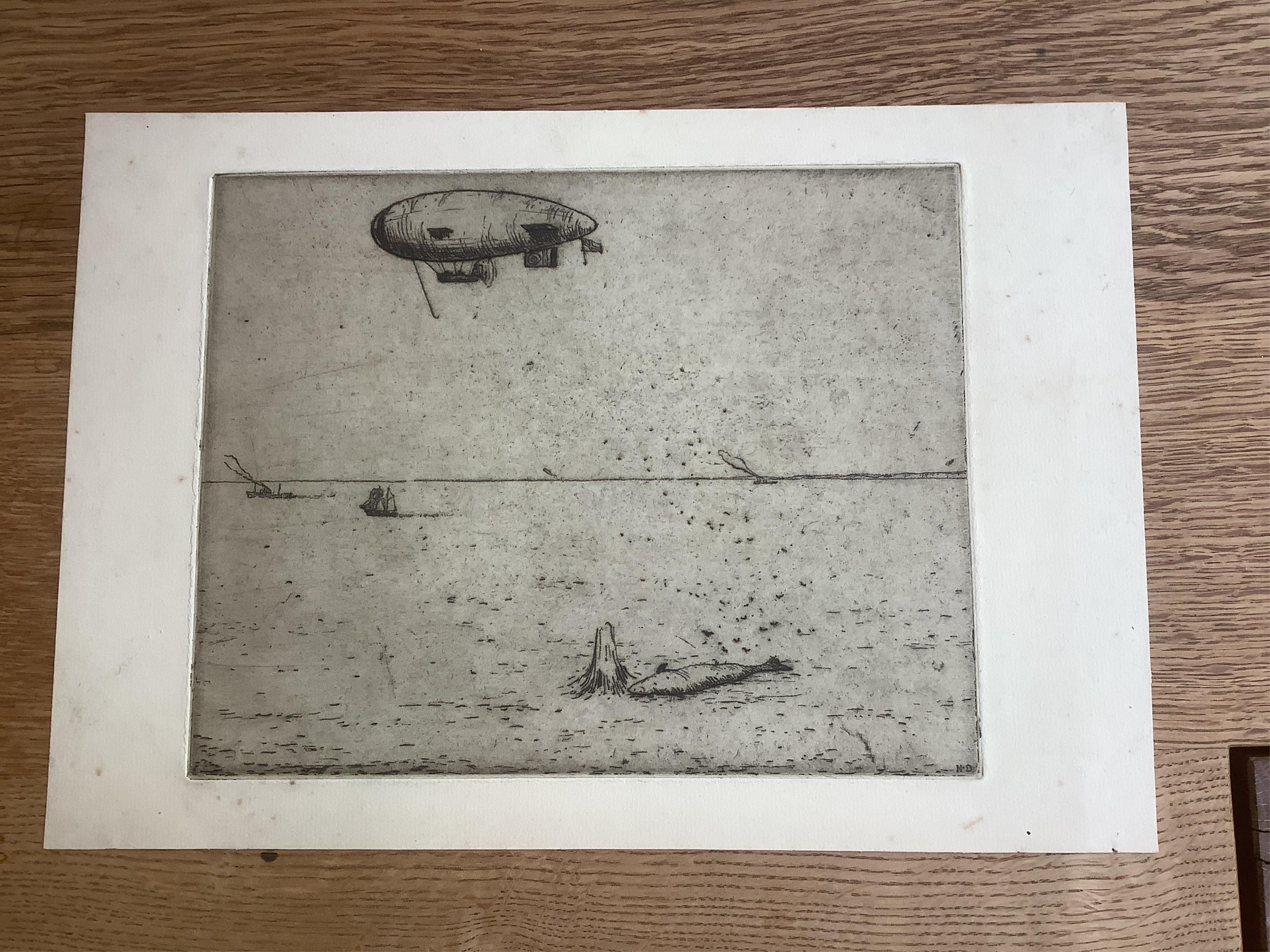 Nelson Dawson (1859-1941), three etchings, ‘Disabled Hydroplane in Tow, 1918’, and two studies of dirigibles over the sea, one signed in pencil and inscribed 1st proof, 13 x 20cm, 18 x 23cm & 18 x 24cm, all unframed. Con